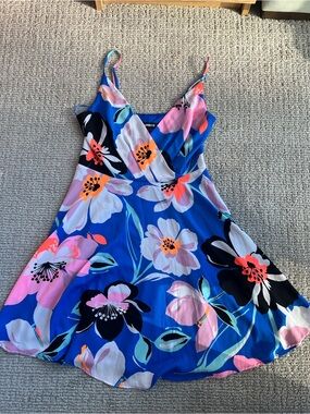 Express Royal Blue Floral Slip Dress with Pink and Black Blooms